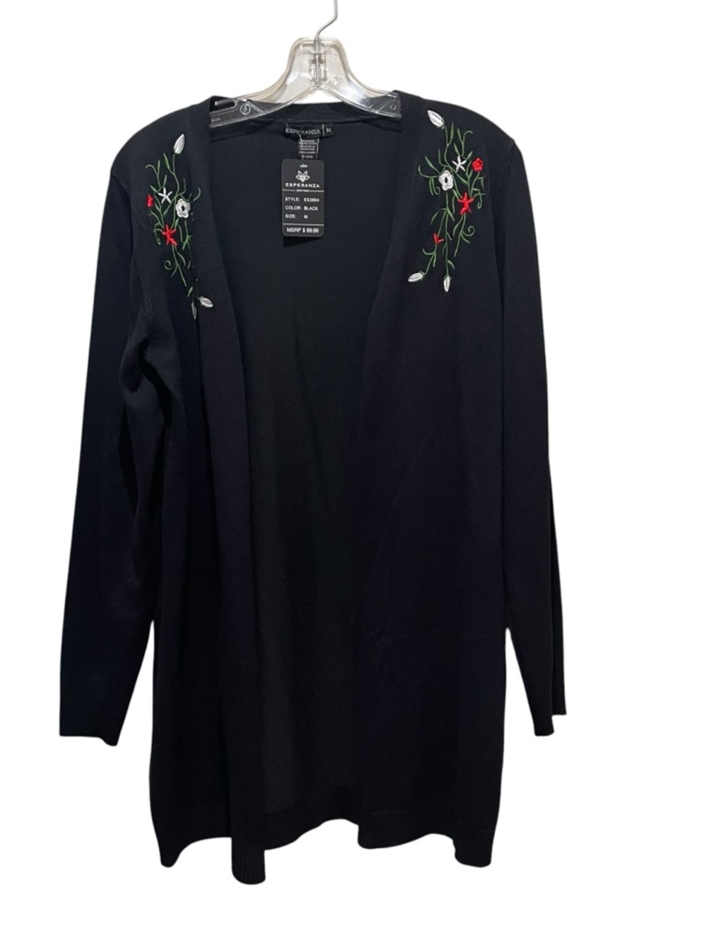 Esperanza Floral Embroidered Open Front Cardigan Black Women’s Size Medium NWT